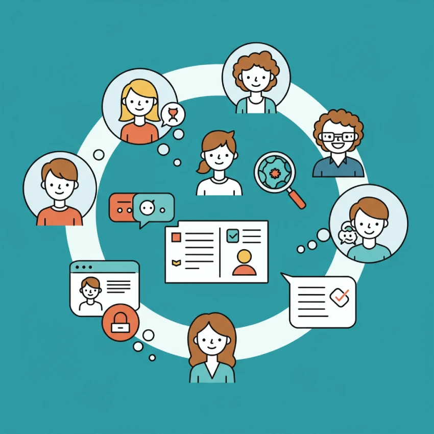 Diverse people (students, parents, hobbyists) with thought bubbles showing their interests, representing understanding your blog audience.