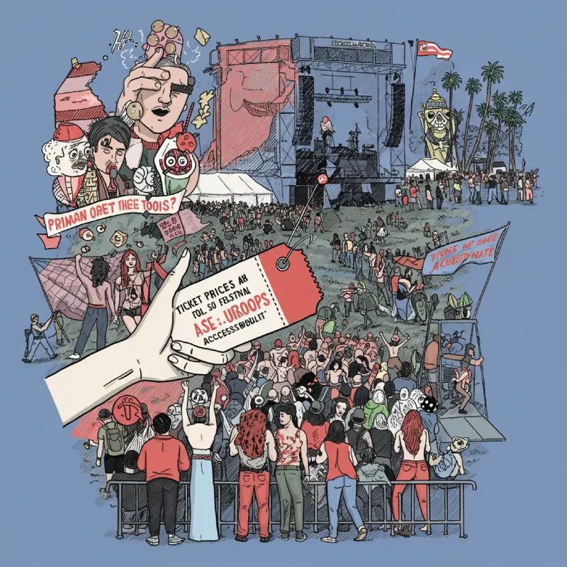 Illustration of a lively outdoor music festival crowd with a large ticket held in the foreground showing ticket prices and accessibility information.