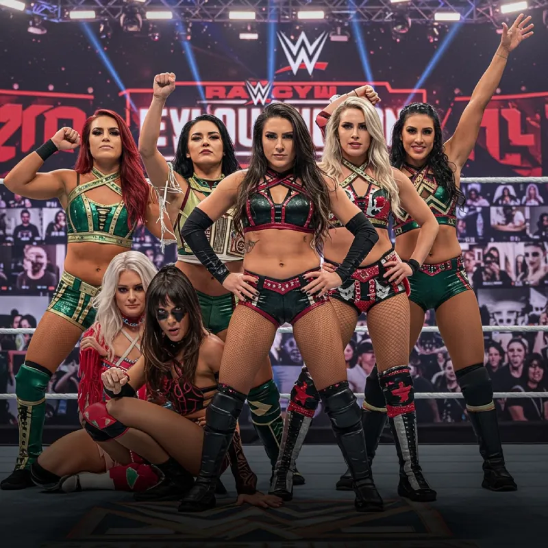 Dynamic image of diverse female wrestlers in action, celebrating WWE Evolution 2025, with the caption 'WWE Evolution 2025: Empowering Women's Wrestling!